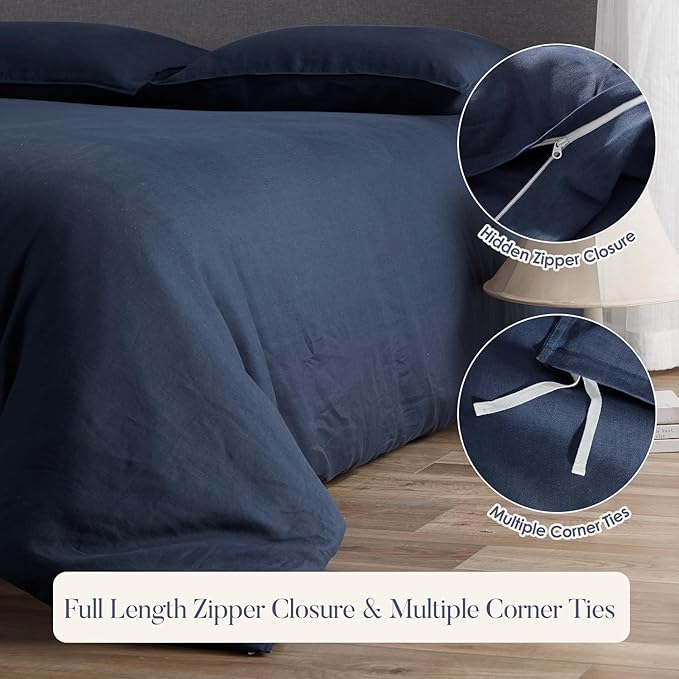 DAPU 100% Linen Duvet Cover Set - Pure Natural French Flax Linen with Corner Ties and Zipper Closure Soft Breathable Durable for Hot Sleepers 1 Duvet Cover 2 Pillowcases (Navy Blue, King)