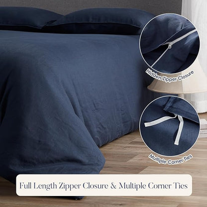 DAPU 100% Linen Duvet Cover Set - Pure Natural French Flax Linen with Corner Ties and Zipper Closure Soft Breathable Durable for Hot Sleepers 1 Duvet Cover 2 Pillowcases (Navy Blue, Full/Queen)