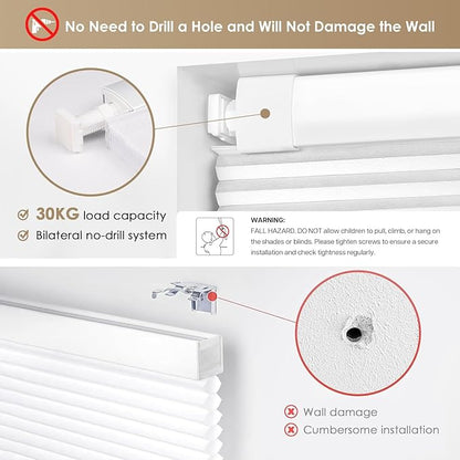 LazBlinds No Tools No Drill Cordless Cellular Shades, Blackout Light Blocking Honeycomb Shades for Home, Thermal Insulation Blinds for Windows, 41" W x 72" H, White
