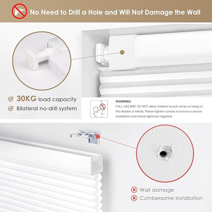 LazBlinds No Tools No Drill Cordless Cellular Shades, Blackout Light Blocking Honeycomb Shades for Home, Thermal Insulation Blinds for Windows, 36" W x 48" H, Beige