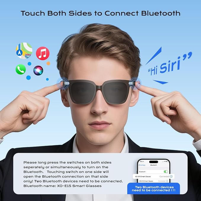 Smart Glasses,Polarized Sunglasses Built-in Mic & Bluetooth Speaker, Wireless Audio Smart Glasses for Men and Women, Athletic/Outdoor UV Protection,Touch Control, Voice Assistant (Black)