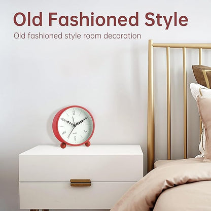 Analog Alarm Clock, 4 inch Super Silent Non Ticking Small Clock with Night Light, Battery Operated, Simple Design, Old Fashioned Style Wine-red Decor, for Bedroom, Bedside, Desk, Adult, Kid, Gift, Red