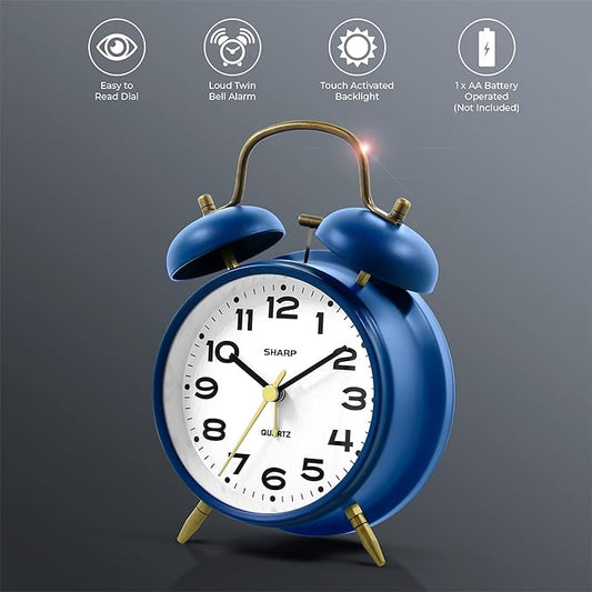 Sharp Twin Bell Alarm Clock, Loud Alarm Great for Heavy Sleepers - Stylish Matte Finish with Rustic Bronze Accents, Battery Operated (Matte Navy)