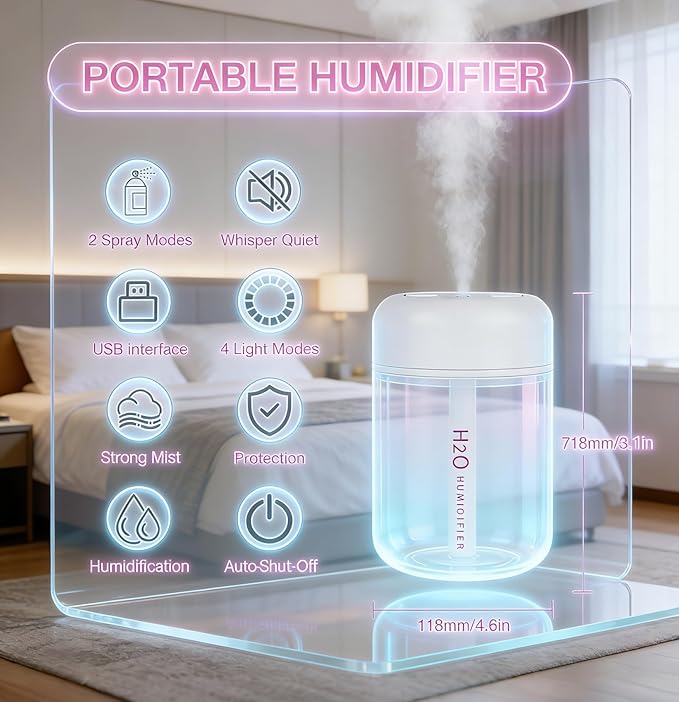300ml Portable Mini Cool Mist Humidifier with Colorful Lights, USB-Powered for Bedroom, Office, Plants, Travel & Car (White)