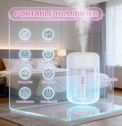 300ml Portable Mini Cool Mist Humidifier with Colorful Lights, USB-Powered for Bedroom, Office, Plants, Travel & Car (White)