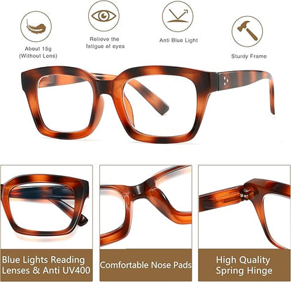 Readers for Women Oprah Style Square Reading Glasses with Spring Hinge Blue Light Blocking for Men Ladies