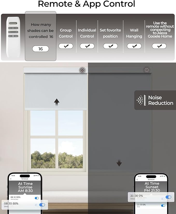 AIVIDIG Motorized Roller Automatic Shade with Remote Control, 100% Blackout Electric 21-110” Width Blinds for Windows with Alexa Google Home, Rechargeable Smart Customized Size（Waterproof-Light Grey）