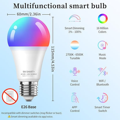 Meliya LED Smart Light Bulbs, Color Changing Dimmable & Timing Smart WiFi and Bluetooth Bulb, Compatible with Alexa and Google Assistant, RGBWW A19, 9W 800 Lumens, Music Sync, Voice Control (1 Pack)