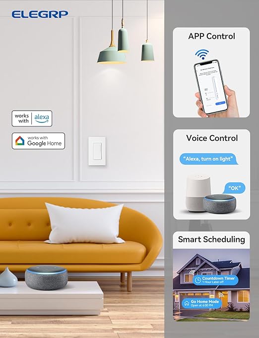 ELEGRP Smart Dimmer Light Switch DTR10, Single Pole Setup, 2.4GHz Wi-Fi Touch Dimmer Compatible with Alexa/Google Assistant, Needs Neutral Wire, No Hub Required, UL Listed, Matte White, 6 Pack