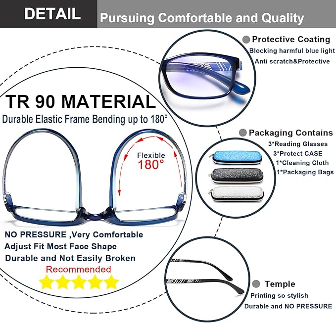 EYEURL Reading Glasses for Women-Blue Light Blocking For Men Women-3 Pack Computer Readers 2.25 Spring Hinge Anti UV Ray/Eye Strain/Glare Eyeglasses