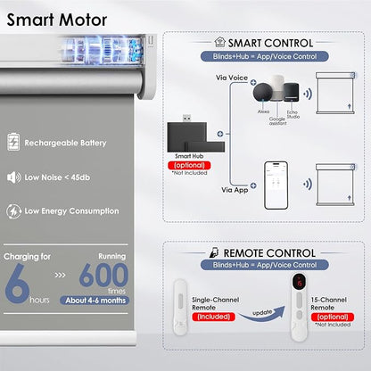 Motorized Roller Blinds with Remote Control & Solar Panel - 100% Blackout Smart Blinds, Automatic, Cordless, Electric Shades - Compatible with Alexa - Grey, 48" W x 72" H