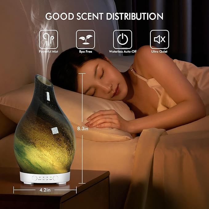 Aromatherapy Diffuser Essential Oil Diffuser - Glass Diffuser Ultrasonic Cool Mist Aroma Diffuser 150ml Scented Oil Diffuser with Auto-Off Protection & 7 Colors Night Light for Home Office Decor&Gift
