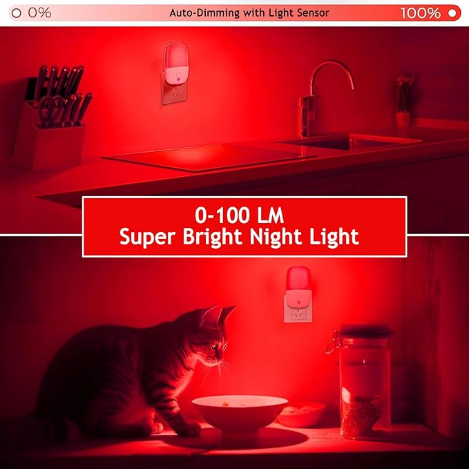 670nm Red Night Light for Sleep Therapy, Auto On/Off Dimmable Night Lights with Dusk to Dawn Sensor, LED Night Light Plug into Wall Promotes Melatonin Natural Sleep for Baby Nursery Kids Adult Bedroom
