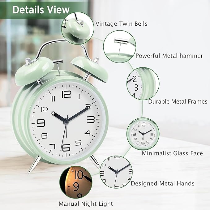 Loud Alarm Clock for Heavy Sleepers Adults, Metal 4 Inches Twin Bell Battery Operated Alarm Clocks for Bedrooms Decoration, Silent Non-Ticking Back-to-School Gift (Mint Green)