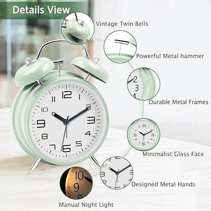 Loud Alarm Clock for Heavy Sleepers Adults, Metal 4 Inches Twin Bell Battery Operated Alarm Clocks for Bedrooms Decoration, Silent Non-Ticking Back-to-School Gift (Mint Green)
