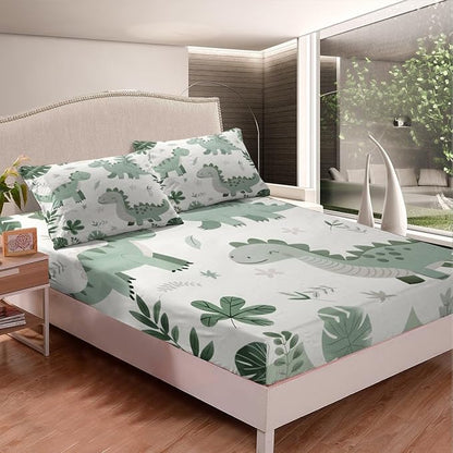 Cartoon Dinosaur Kids Fitted Sheet Twin Size,Palm Leaves Tropical Plants Botanical Bedding Set,Boys Girls Room Decor,Cute Dinosaur Retro Animals Bed Cover,Green Bed Sheet,1 Pillowcase