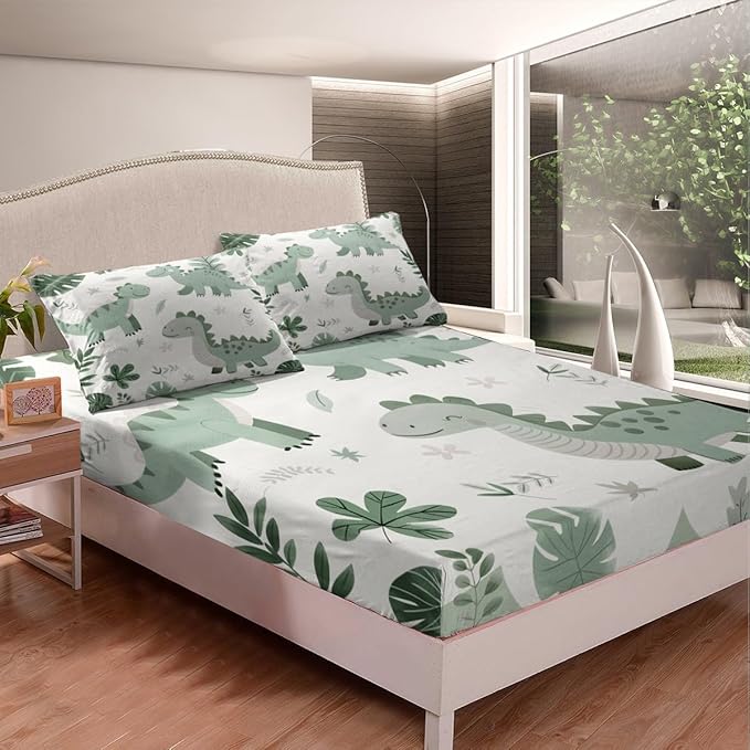 Cartoon Dinosaur Kids Fitted Sheet Full Size,Palm Leaves Tropical Plants Botanical Bedding Set,Boys Girls Room Decor,Cute Dinosaur Retro Animals Bed Cover,Green Bed Sheet,2 Pillowcases