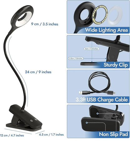 CUHIOY Clip on Reading Light for Bed Headboard, 5 Colors 5 Brightness Desk Lamp with Strong Clamp, USB-C Rechargeable Gooseneck Night Light for Kids Bunk Bed Shelf, Perfect for Reading & Working