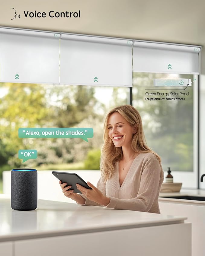 Yoolax Motorized Blinds with Remote, Smart Blinds for Windows Motorized Roller Shades, Automatic Window Shades Compatible with Alexa Custom Size (Light Filtering-Pure White)
