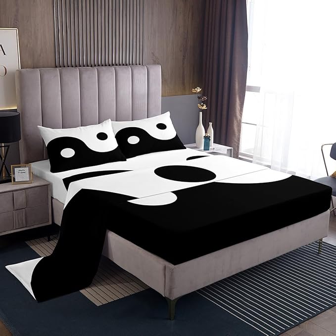Manfei Black and White Kids Sheet Set King Size, Tai Chi Gossip Bed Sheet Set 4pcs (Fitted Sheet, Flat Sheet, 2 Pillowcases), Yin Yang Gossip Bedding Set for Boys Teens Adults Bedroom Decor