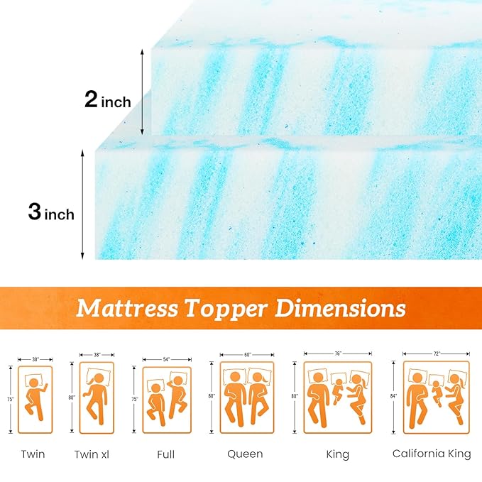 NEWBULIG Mattress Toppers Memory Foam, 2 Inch Thick Bed Topper Pad Cooling Gel Infused Soft Comfy Padding Breathable for Sleeper Sofa Couch RV Camper, CertiPUR-US Certified