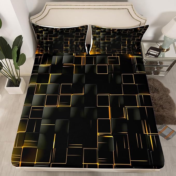 Manfei Geometric Sheet Set Full Size, Abstract Square Grid Print Bedding Set for Kids Boys Girls Adults, Yellow and Black Bed Sheet Set 4pcs with Deep Pocket Fitted Sheet + Flat Sheet + 2 Pillowcases