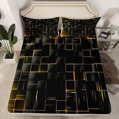 Manfei Geometric Sheet Set Full Size, Abstract Square Grid Print Bedding Set for Kids Boys Girls Adults, Yellow and Black Bed Sheet Set 4pcs with Deep Pocket Fitted Sheet + Flat Sheet + 2 Pillowcases