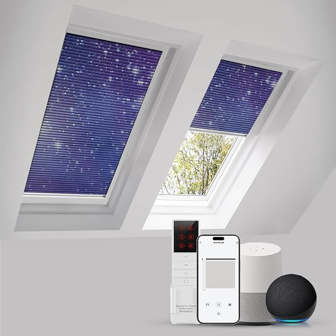 ZSTARR Motorized Skylight Shades Blackout Cellular Honeycomb Electric Blinds with Solar Panel Cordless Rechargeable with Remote for Roof and Slanted Windows Custom Size (Black Out Starry Sky)