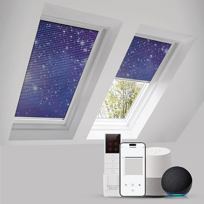 ZSTARR Motorized Skylight Shades Blackout Cellular Honeycomb Electric Blinds with Solar Panel Cordless Rechargeable with Remote for Roof and Slanted Windows Custom Size (Black Out Starry Sky)