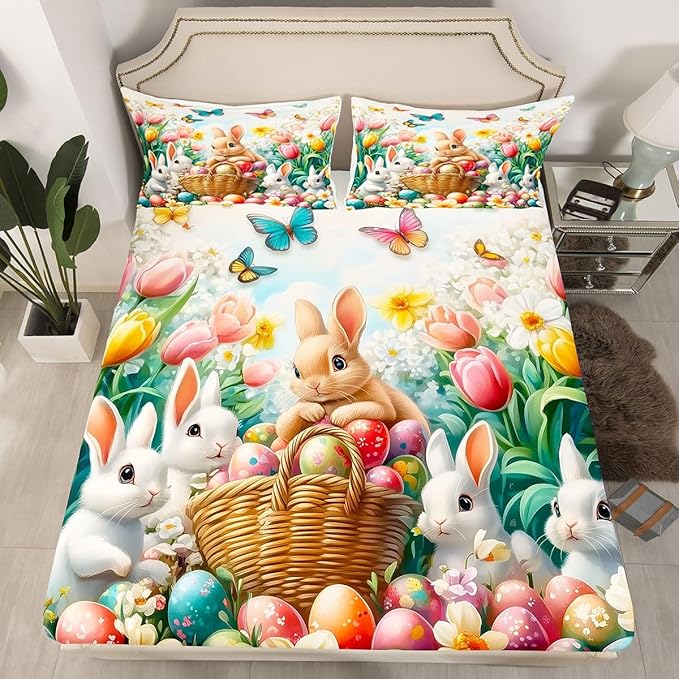 Happy Easter Bed Sheet Full Size Cute Rabbits Eggs Floral Bedding Set Butterfly Spring Tulip Fitted Sheet Kids Boys Girls Room Decor Colorful Soft Sheets with 2 Pillowcase,No Top Flat