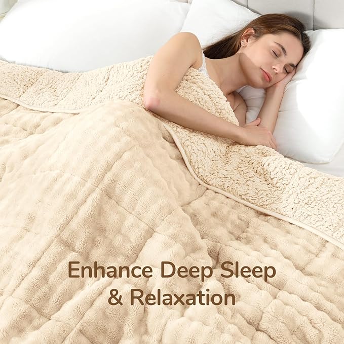 Cottonblue Weighted Blanket 20lbs Bubble Fleece Plush Sherpa Heavy Weighted Blankets for Adults, Fits Queen Size Bed, Cute Fuzzy Warm Heavy Blanket for Calm and Better Sleep, 60"x80", Beige