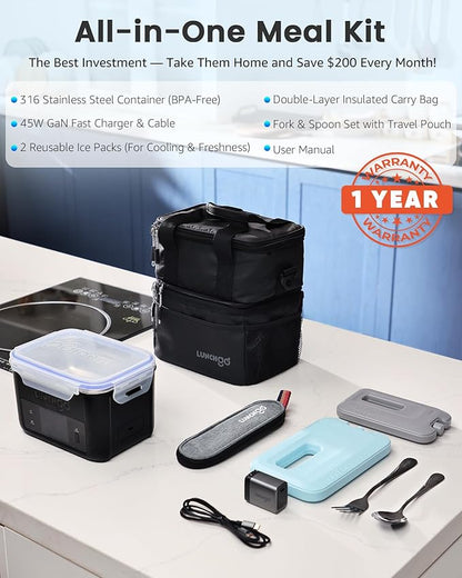 LUNCHGO® G1-Standard(74 Wh), Smart Electric Heated Lunch Box – Cordless, 5 Cups Capacity, Battery Powered, 250°F Max, Scheduled Heating, Perfect for Outdoor Work, On-The-Go Meals (Carbon Black)