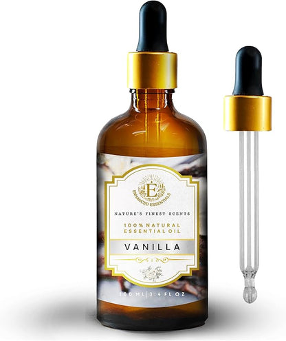 Luxurious Vanilla Essential Oil by Enhanced Essentials|Slow Distilled & Pure|for Diffusers,Skin Care, Aromatherapy, Bath,Massage,Perfume,Gifting,Soap & Candle Making|with Glass Dropper|100 ml Pack