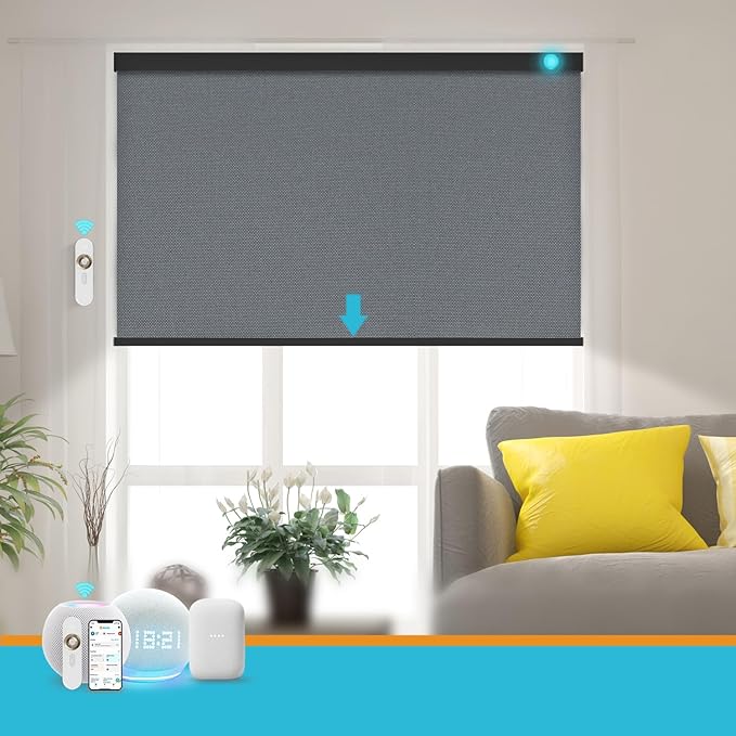 Motorized Blinds with Remote, Smart Blind Roller Shades Compatible with Alexa, Durable Rechargeable Battery Solar Power Electric Window Blinds Customized Size (Pure Deep Grey)