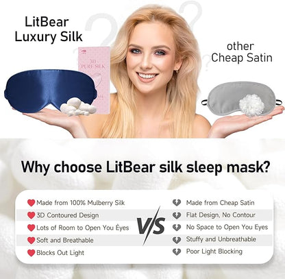 LitBear 100% 22 Momme Mulberry Silk Sleep Mask - 3D Contoured Eye Mask for Men Women, Soft Breathable Sleeping Mask with Adjustable Strap, Perfect Blocks Light for Sleeping (Midnight Blue)