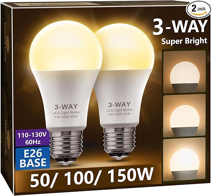 Briignite 3 Way LED Light Bulbs Soft White, 2 Pack, 3000K 50/100/150 Watt Equivalent, A19 Three Way Bulbs, E26 Base 3-Way Light Bulbs for Indoor for Reading