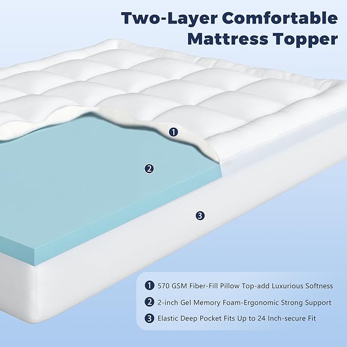 Queen Size 4 Inch Memory Foam Mattress Topper,Dual Layer Medium Support 2" Gel Memory Foam and 2" Mattress Pad for Back Pain Relief,Tencel Fabric,CertiPur-US Certified,White