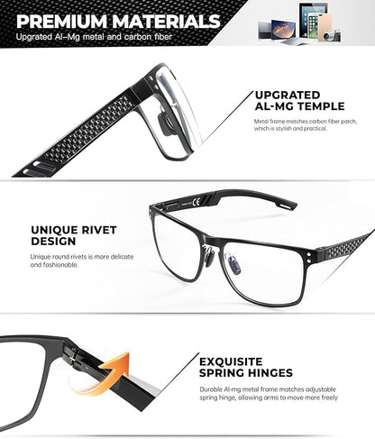 Blue Light Glasses Men Premium Mens Gaming Computer Glasses Clear Lens with Al-Mg Frame Anti Blue Ray Screen Blocker