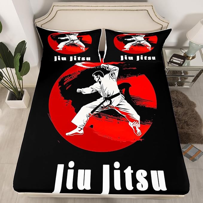 Manfei Jiujitsu Fitted Sheet Full Size, Japanese Style Sports Bedding Set 3pcs, Judo Sports Theme Bed Cover with 2 Pillowcases, Kids Boys Teens Adults Room Decor, Soft Bedding(No Top Sheet)