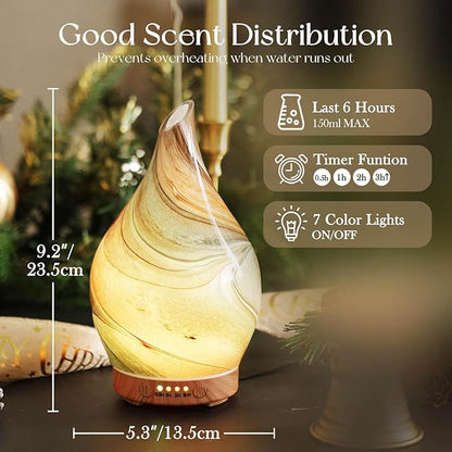 Porseme 150ml Glass Essential Oil Diffuser Aromatherapy Ultrasonic Cool Mist Humidifier 6 Running Hours Waterless Auto-Off Air Diffusers for Sleeping,Yoga,Office Working Spa and Rest (Deep Desert)