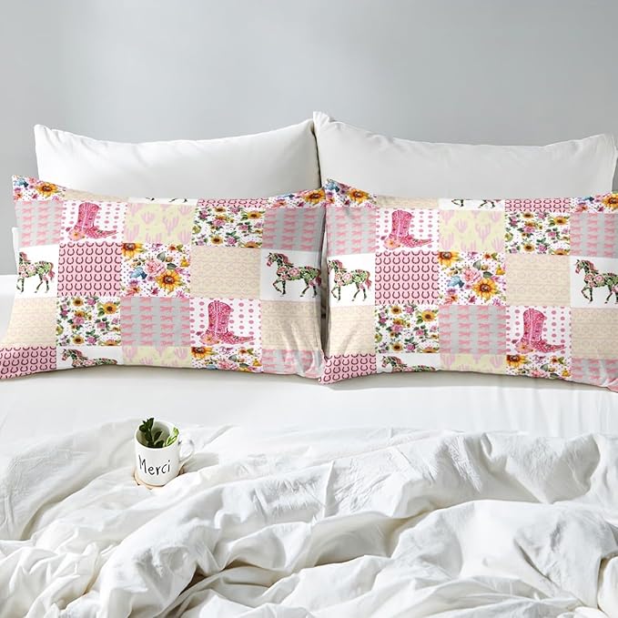 Cowgirl Boots Fitted Sheet Queen Size Western Cowboy Floral Horse Horseshoe Rustic Farmhouse Bedding Sheet Set,Retro Pink Lattice Patchwork Bed Cover Ultra Soft Breathable Bedding 3 Pcs