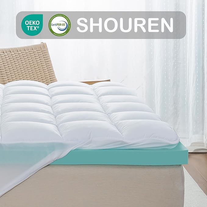 Memory Foam Mattress Topper King 2inch+2inch, Pressure-Relieving Bed Topper with Secure Strap Design for Back Pain, Soft and Supportive, Shredded Memory Foam