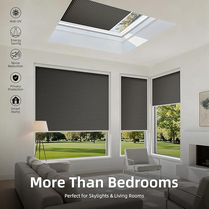 ZSTARR Motorized Skylight Shades Blackout Cellular Honeycomb Electric Blinds with Solar Panel Cordless Rechargeable with Remote for Roof and Slanted Windows Custom Size (Blackout Ebony Earth)