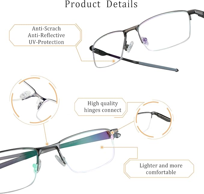 LifeArt Blue Light Blocking Glasses, Anti Eyestrain, Computer Reading Glasses, Gaming Glasses, TV Glasses for Women Men, Stylish Unisex Alloy Square Frame (Gray, +0.50 Magnification)
