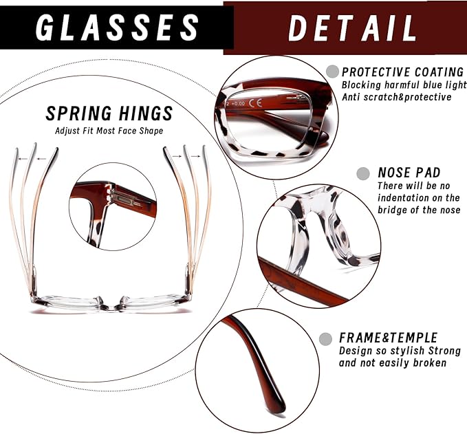 Hubeye Oprah Style Reading Glasses for Women Men Blue Light Blocking Computer Square Readers with Spring Hinge