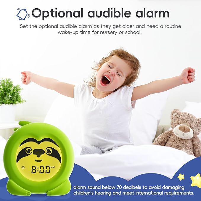 B&H Sleep Trainer Clock for Toddler - Ok to Wake Clock, USB Rechargeable Cute Kids Alarm Clock, Drop Proof Night Light, Science-Backed Lighting for Peaceful Sleep and Ready to Rise Mornings - Sloth