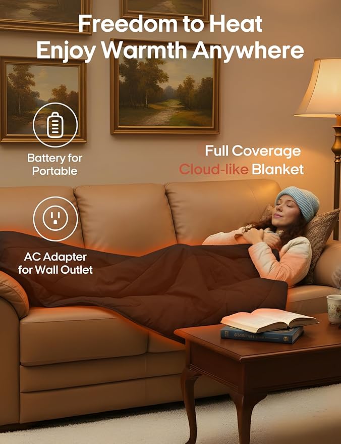 ZonLi Heated Blanket Battery Operated, Wearable Portable Electric Blanket with Rechargeable Battery, 50"x60" Cordless Heated Blanket, Waterproof, Machine Washable(Black)