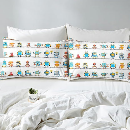 Manfei Watercolor Robots Sheet Set Twin Cartoon Toy Theme Bed Sheet Set 3pcs with Deep Pocket Fitted Sheet + Flat Sheet + 1 Pillowcase White Solid Color Bedding Set for Kids Teens Boys Room Decor