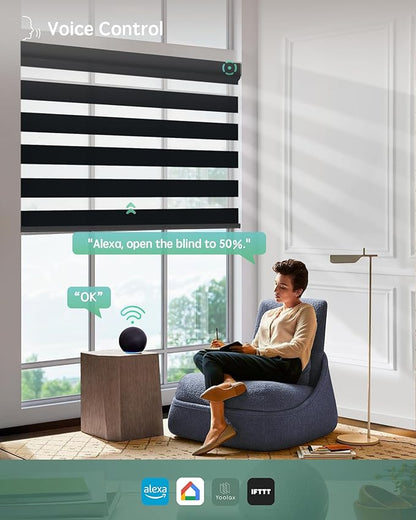 Yoolax Motorized Zebra Blinds Works with Alexa, Motorized Blinds with Remote Custom Size, Privacy Electric Zebra Shades for Windows (95% Shading Luxury Black)