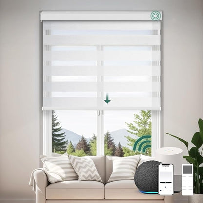 Motorized Zebra Blinds, Cordless Blackout Window Shades with Remote, Custom Dual Layer Smart Roller Shades Compatible with Alexa Google Assistant, Automatic Light Filtering Blinds,Luxury White